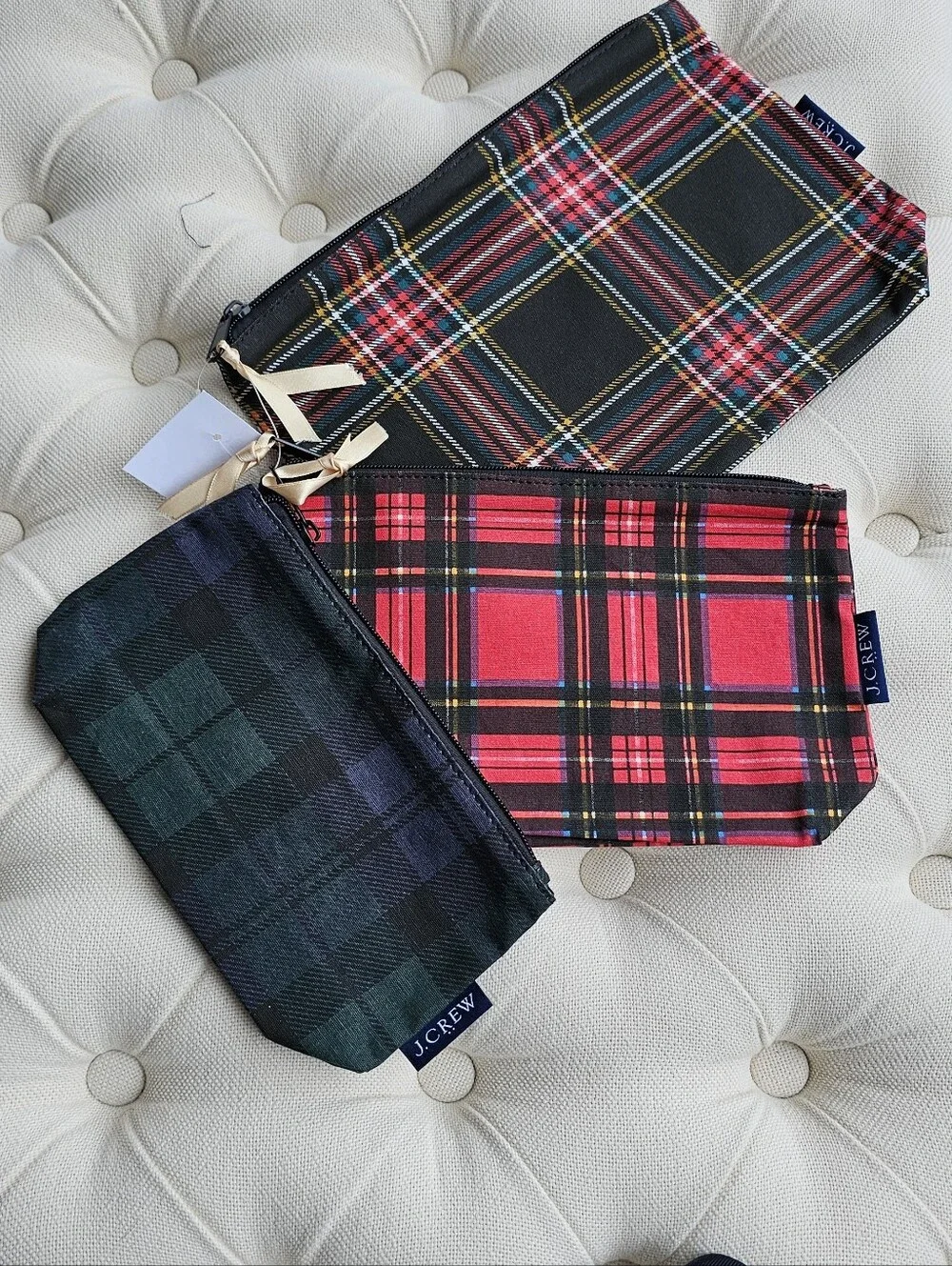 New! J.Crew Three-set Red Black Tartan Plaid Blackwatch Pouch Purse Bag NWT